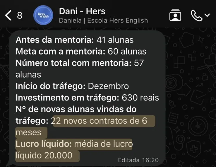 Print de WhatsApp: mentorada foi de 41 para 57 alunas, com 22 novos contratos de 6 meses e lucro líquido médio de 20 mil