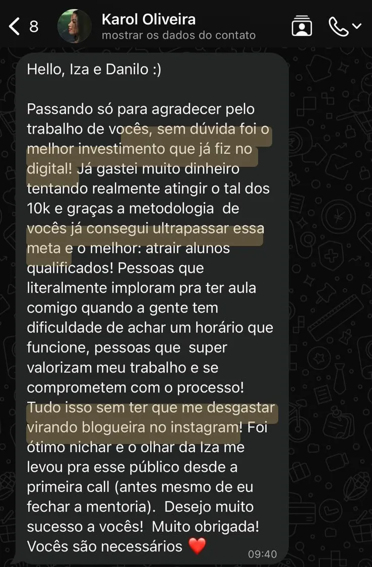 Print de WhatsApp: mentorada conta que ultrapassou a meta dos 10 mil por mês atraindo alunos qualificados, sem se desgastar no Instagram
