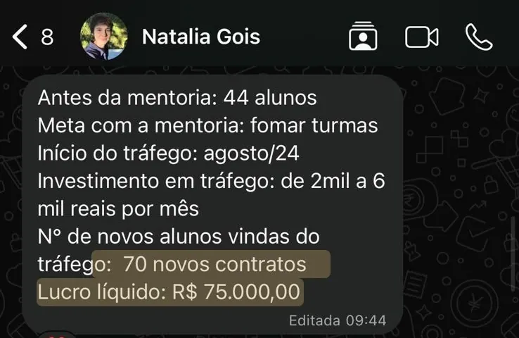 Print de WhatsApp: mentorada relata 70 novos contratos vindos do tráfego e lucro líquido de R$ 75.000